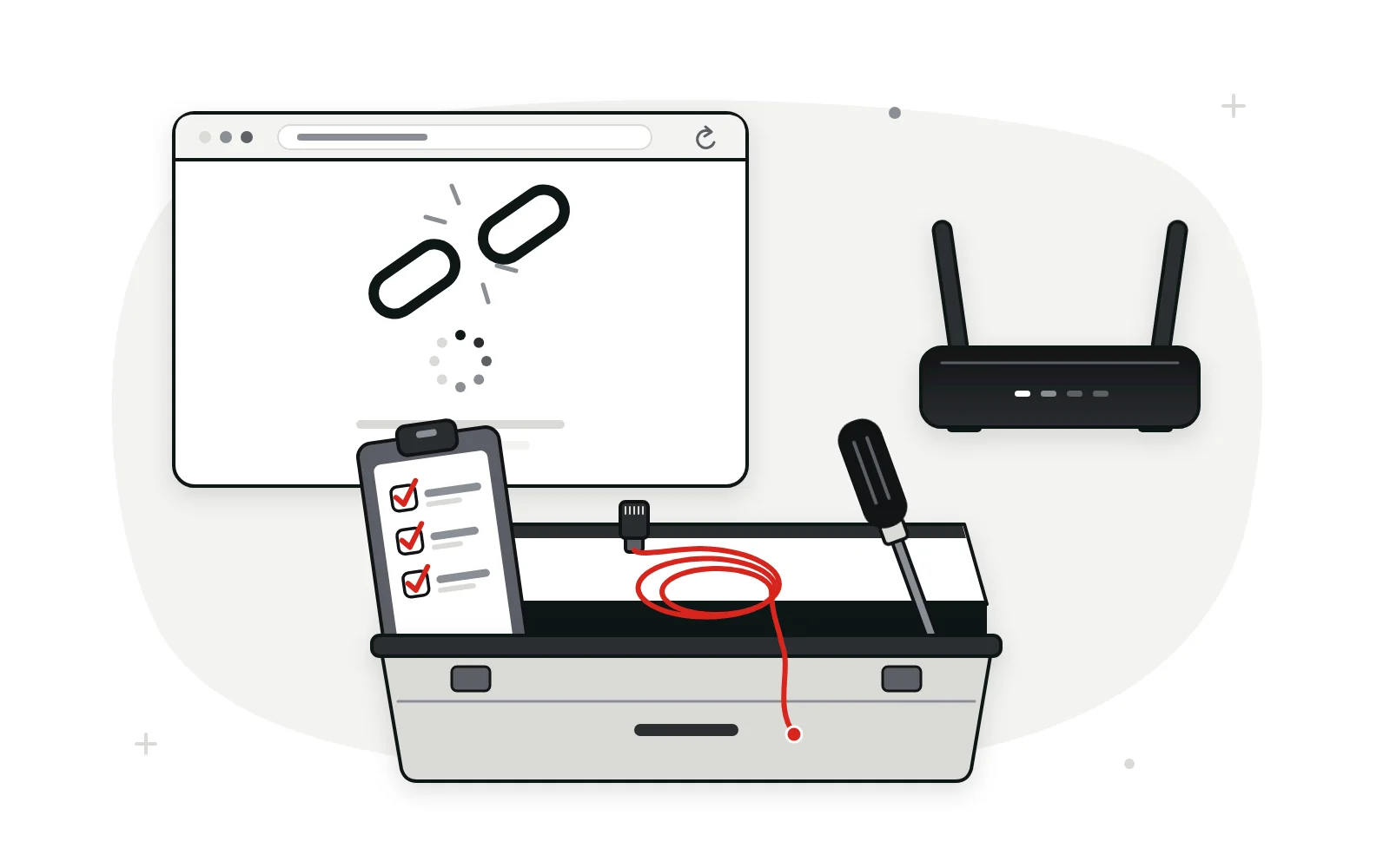 Browser window with a broken link and loading spinner beside a router and a toolkit, illustrating a router login not working