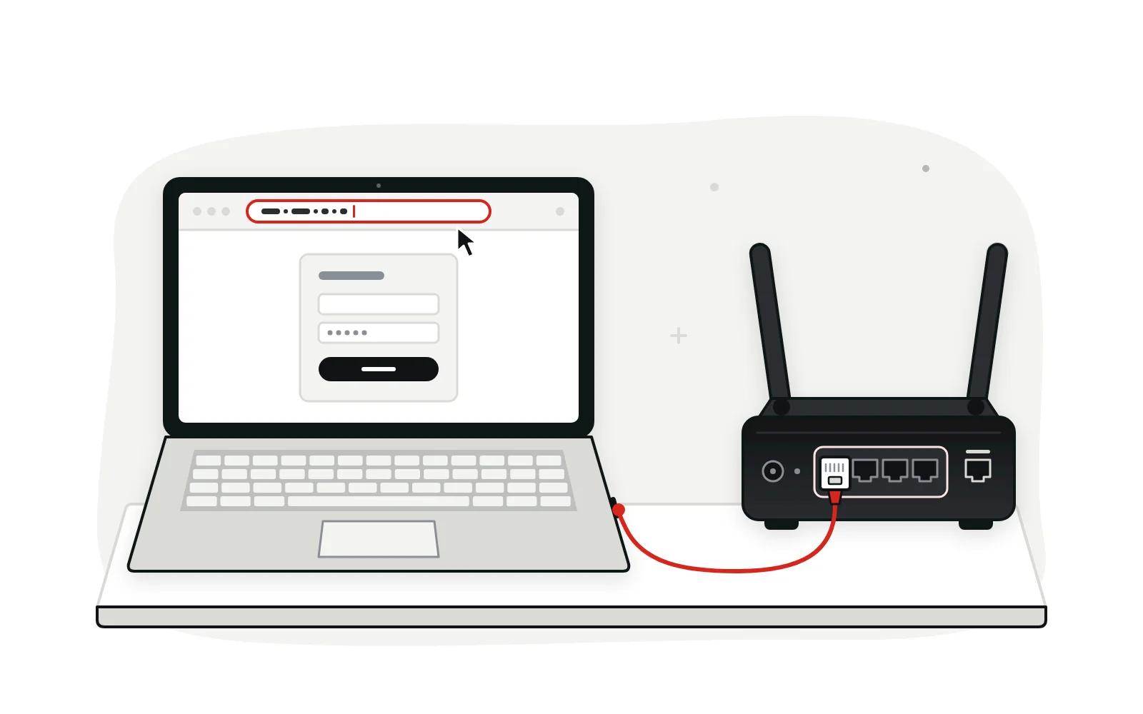 Laptop connected to a router's LAN port by Ethernet cable, with the browser address bar highlighted