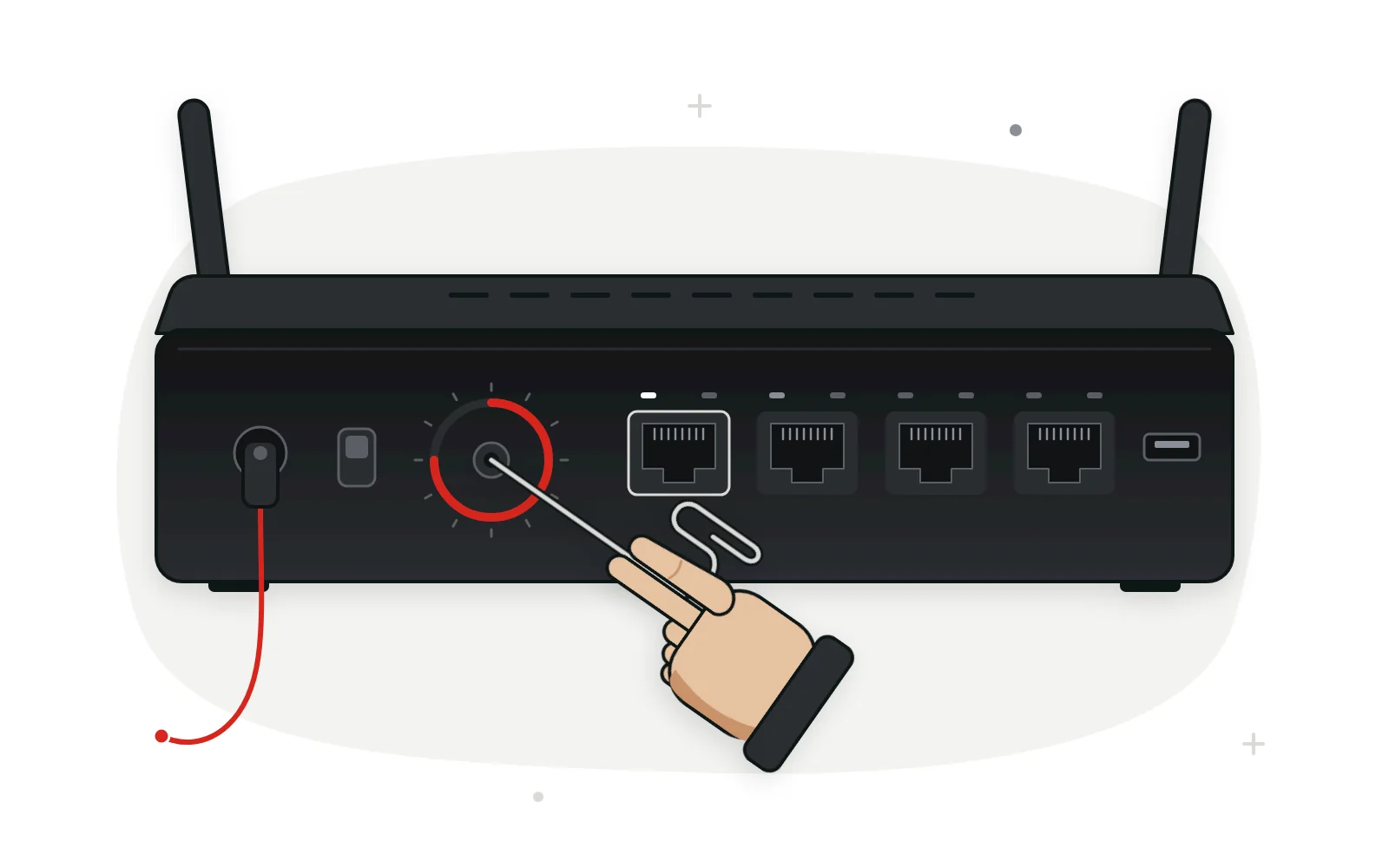 Hand pressing an unfolded paperclip into a router’s reset pinhole to recover the router admin password, with a red timer ring around the hole