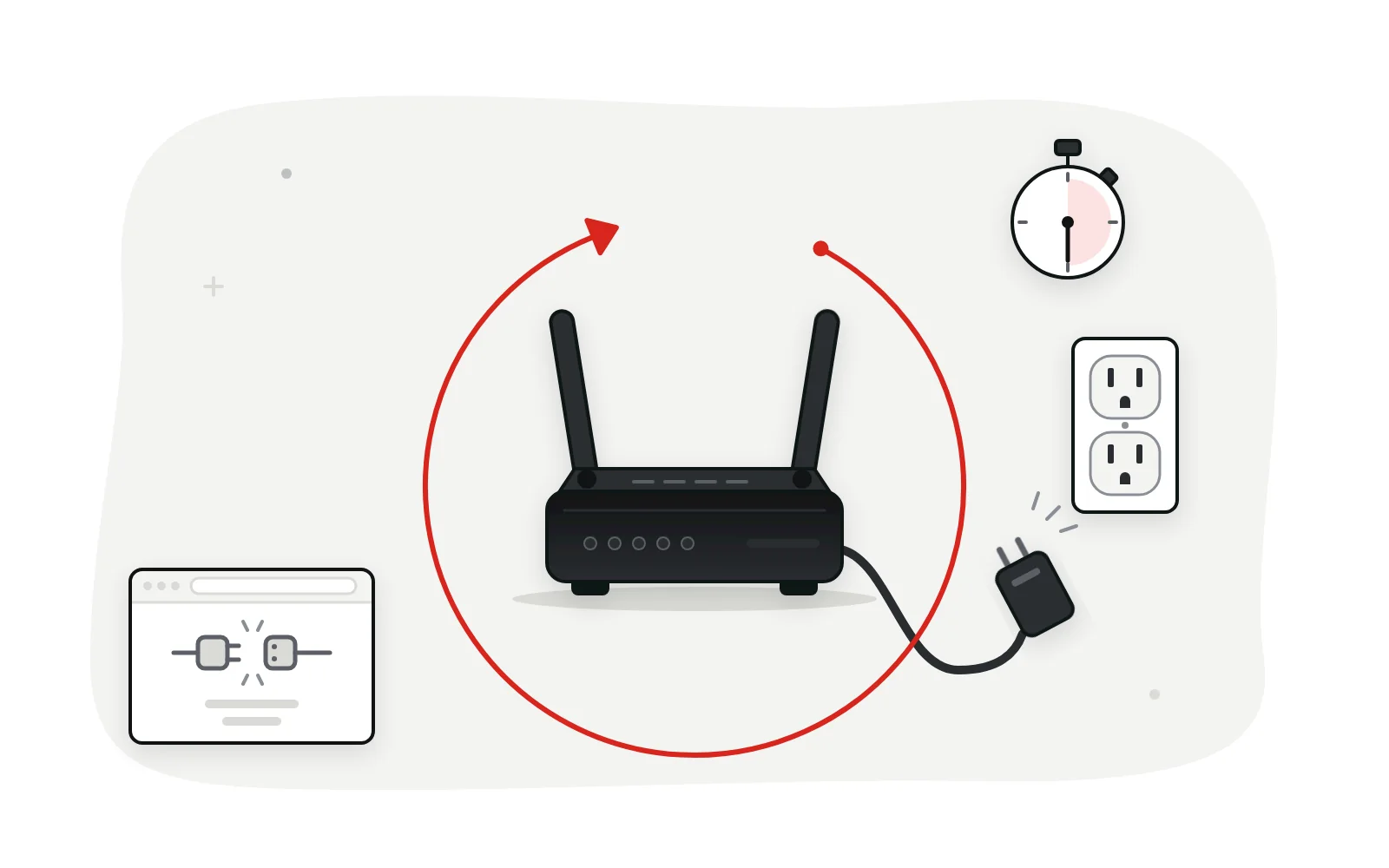 Router with its power plug pulled out, a restart arrow around it and a browser showing a page that can't be reached