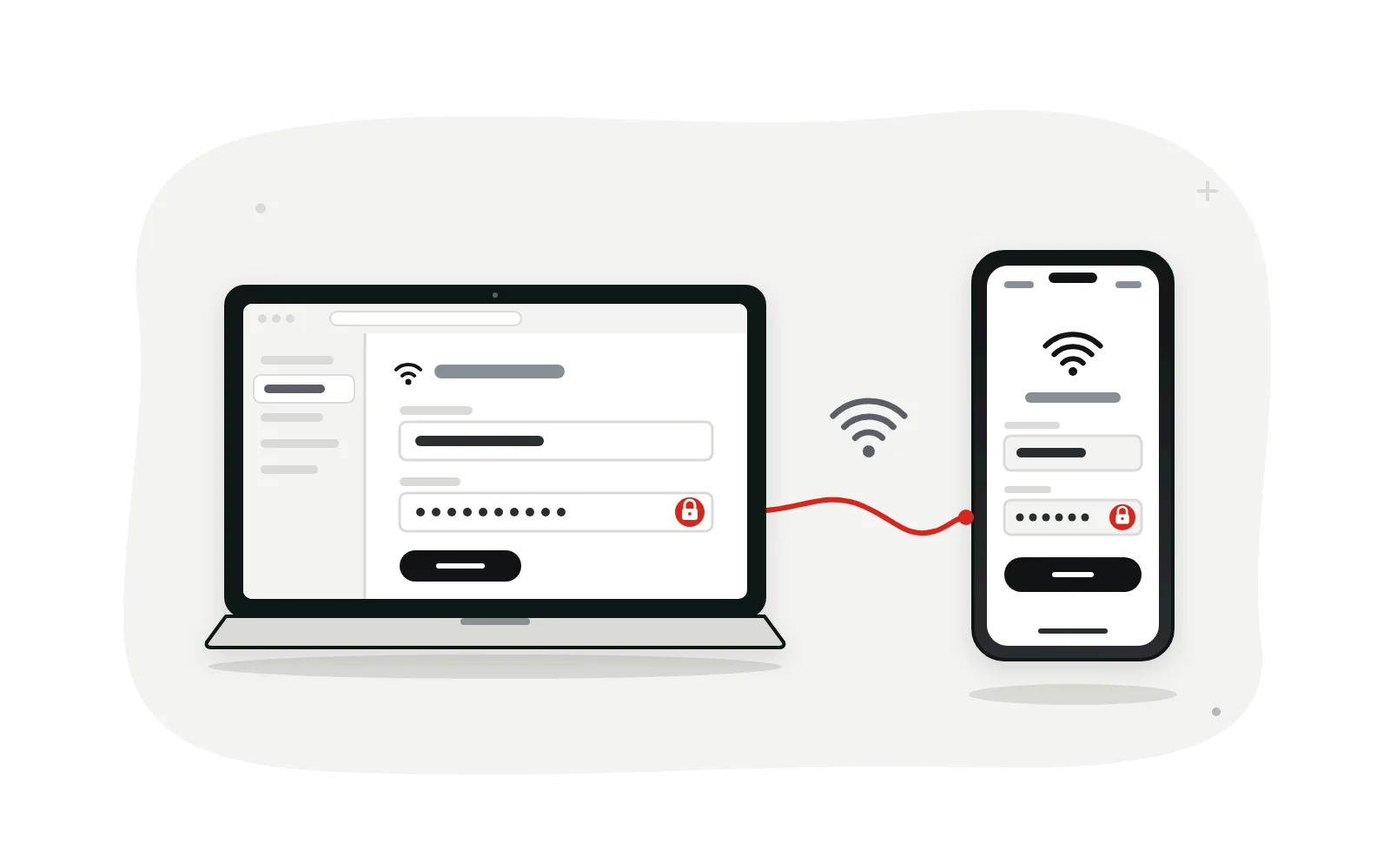 Phone and laptop showing wireless settings with a network name field and a hidden password field